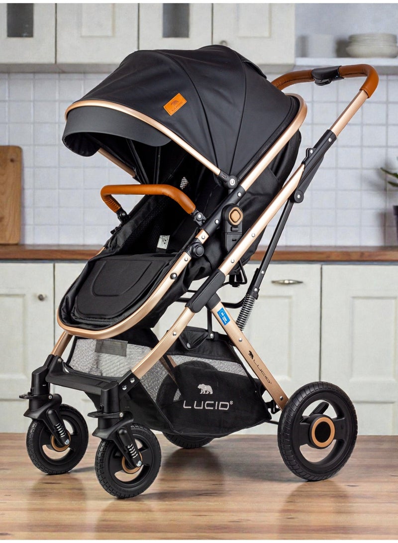 لوسيد عربة أطفال سينا، عربة أطفال فاخرة بمظلة وغطاء جلد من لوسيد بيبي- أسود - Image 3